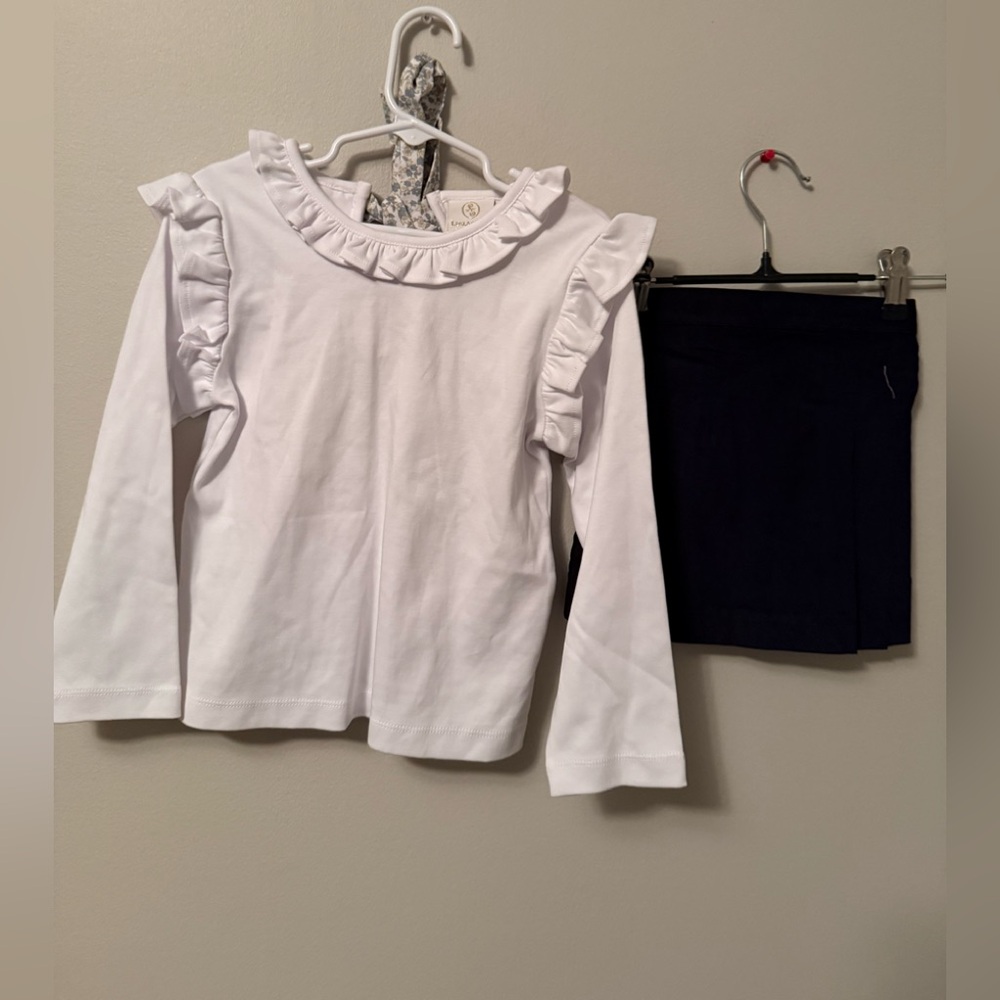 Lullaby Set White Ruffled Long Sleeve Shirt with Floral Bow with Matching Skirt